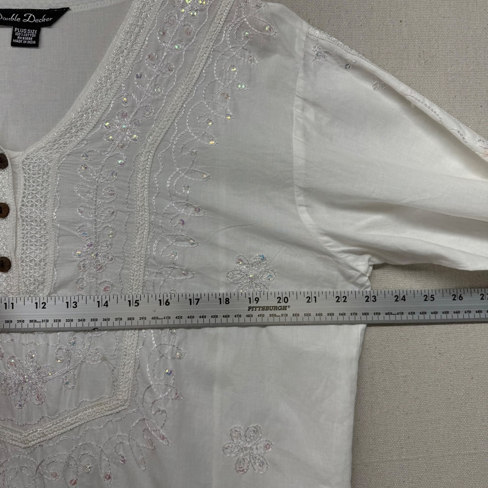 Double Decker White Cotton Embroidered Sequin Tunic Top Plus Size Boho V-Neck - Picture 9 of 14